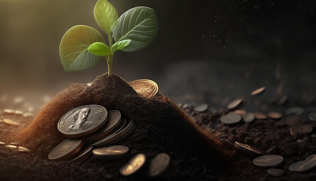 コイン金融と投資の概念生成的な ai のお金の植物の成長