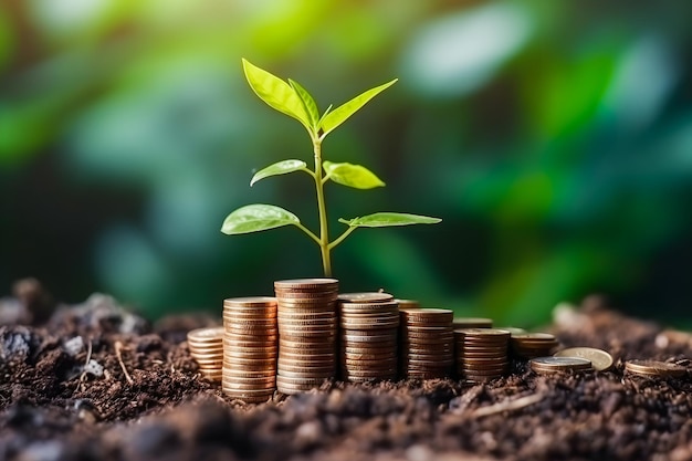 Growing Money Seedlings Sprout on Coin Stacks Illustrating the Concept of Financial Growth