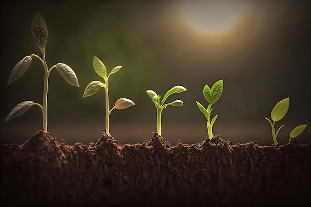Growing plant seedlings in the ground in sunlight Generative AI