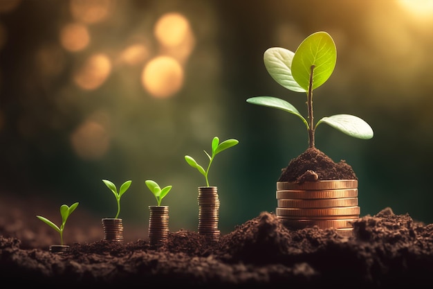 growing plant on stacked coins nature background