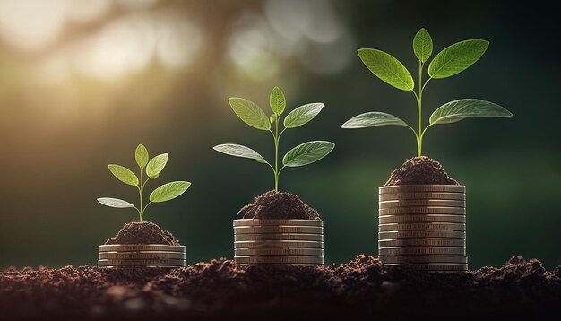 Growing plants on coins stacked on green blurred backgrounds and natural light with financial ideas Generative ai