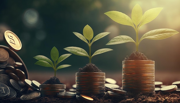 Growing plants on coins stacked on green blurred backgrounds and natural light with financial ideas Generative ai