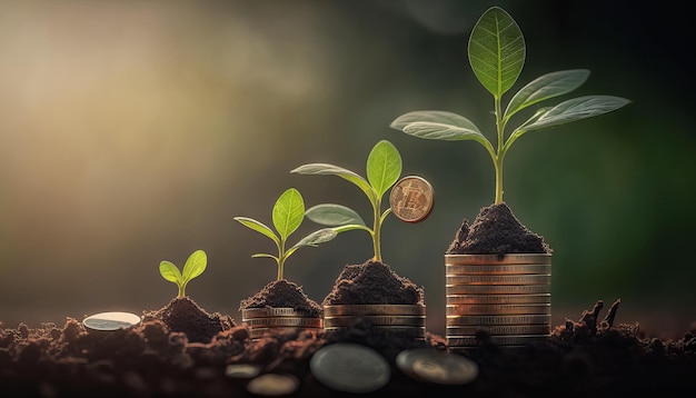 Growing plants on coins stacked on green blurred backgrounds and natural light with financial ideas Generative ai