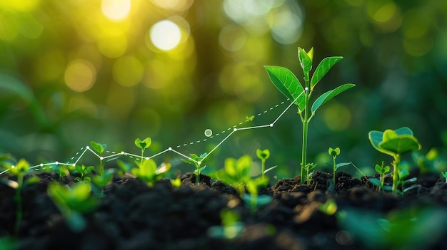 Growing plants with a glowing line graph of growth