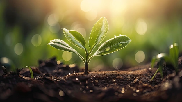 成長する植物地面の背景に朝の光の中で若い植物新しい生活の概念春に地面に小さな植物新鮮な種子写真の新鮮で農業の概念のアイデアaiジェネレーティブ