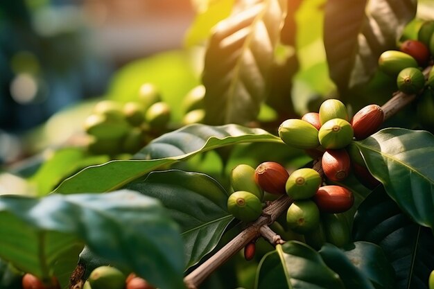 Photo growing prosperity exploring the synergy of closeup gayo coffee beans in lush agricultural expanse