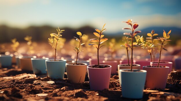 Photo growing small trees in a pots in the field