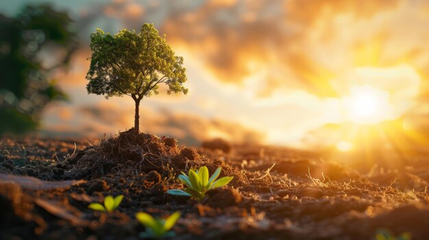 Расти дерево на плодородной почве на фоне захода солнца Спасем планету Земля Всемирная концепция Всемирный день окружающей среды