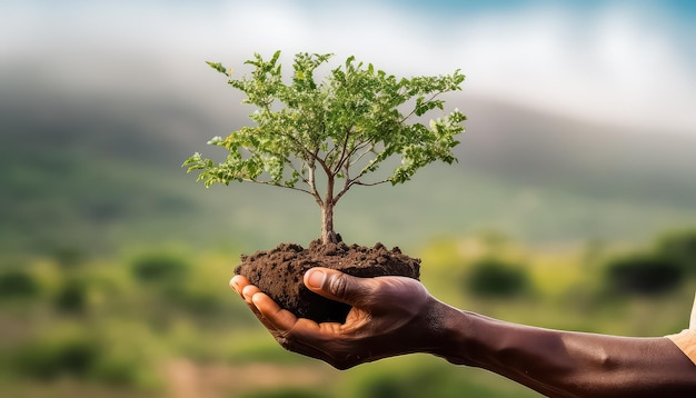 growing a tree in the hands of an african man