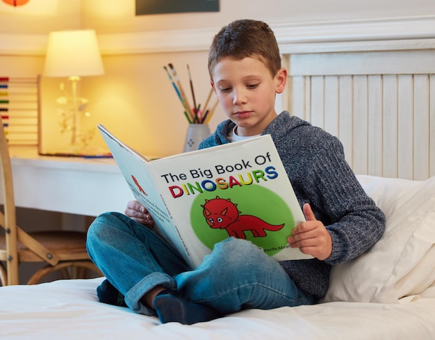똑똑한 아이로 성장 집 침실에서 공룡에 관한 책을 읽는 어린 소년의 샷