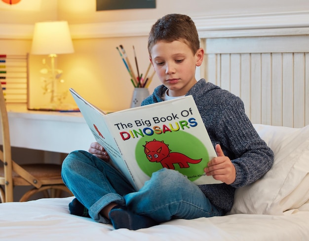 Growing up to be one smart kid Shot of a young boy reading a book about dinosaurs in a bedroom at home