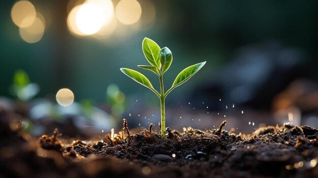 土壌のクローズアップで若い緑の植物を育てる