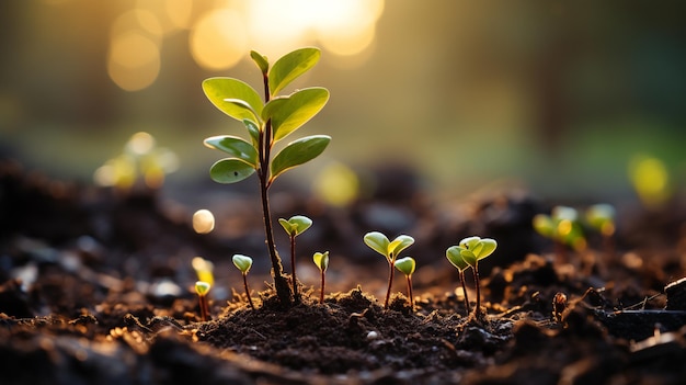 growing young green plants in the soil closeup