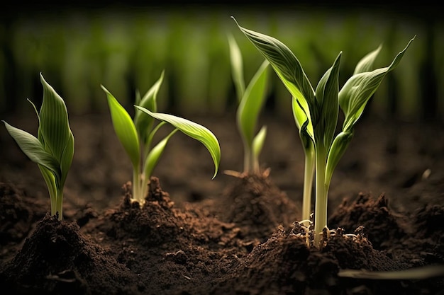 Growing young maize seedlings in an agricultural field that has been cultivated using contemporary technology principles