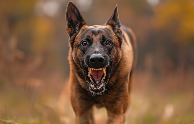 ベルギーのマリノア羊飼い犬がうなずいて歯をつぶす