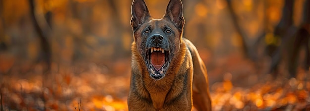 Photo growling and flashing her teeth the belgian malinois shepherd dog