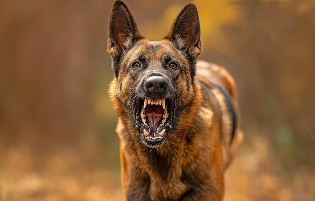 Foto grugnando e lampeggiando i denti il pastore belga malinois