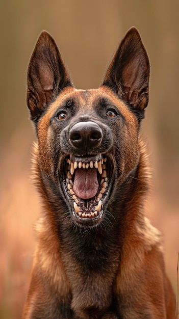 Photo growling and flashing her teeth the belgian malinois shepherd dog