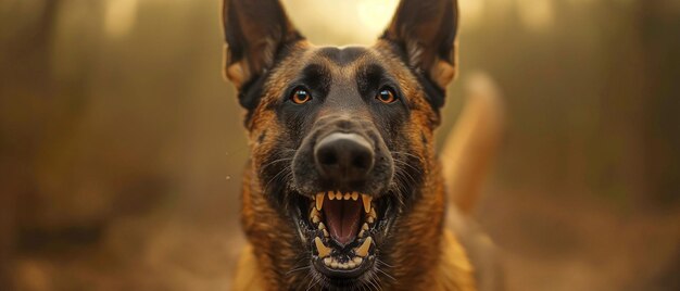 Photo growling and flashing her teeth the belgian malinois shepherd dog