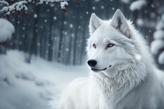 Growling White Wolf in the Snow background ai generative