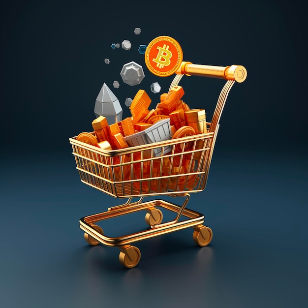 Growth of bitcoin BTC price concept Rocket with shopping basket full of bitcoin coins launchs 3d