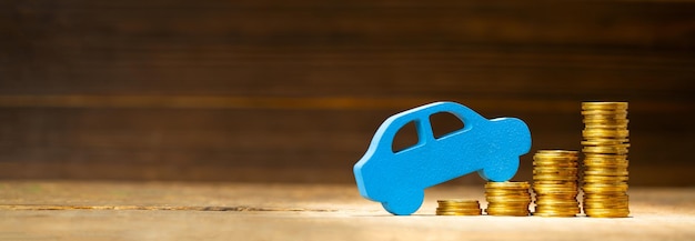 growth of the car market Increase in car taxes Stack of coins with steps up and a blue car Template