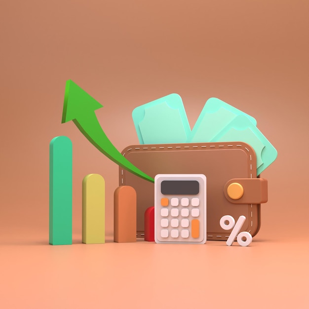 Growth chart dollar and calculator Concept of finance and profitability 3d render