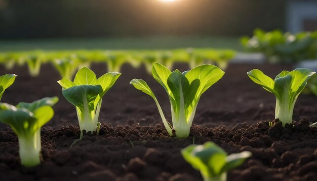 成長コンセプト 多くのレタスの植物が 背景に太陽の光で土で育ちます