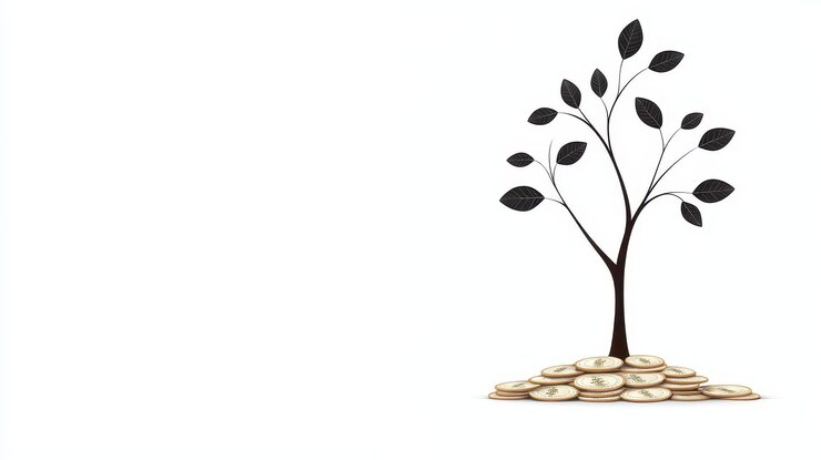 Photo growth concept with tree and coins on white background