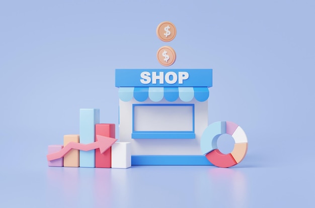 Photo growth ecommerce investment franchise shopping concept store shop with exchange financial support real estate business marketing buy sell consumer minimal cartoon style 3d render illustration
