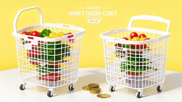 Growth of food sales or growth of market basket or consumer price index concept Shopping basket with foods with coin stacks on yellow background