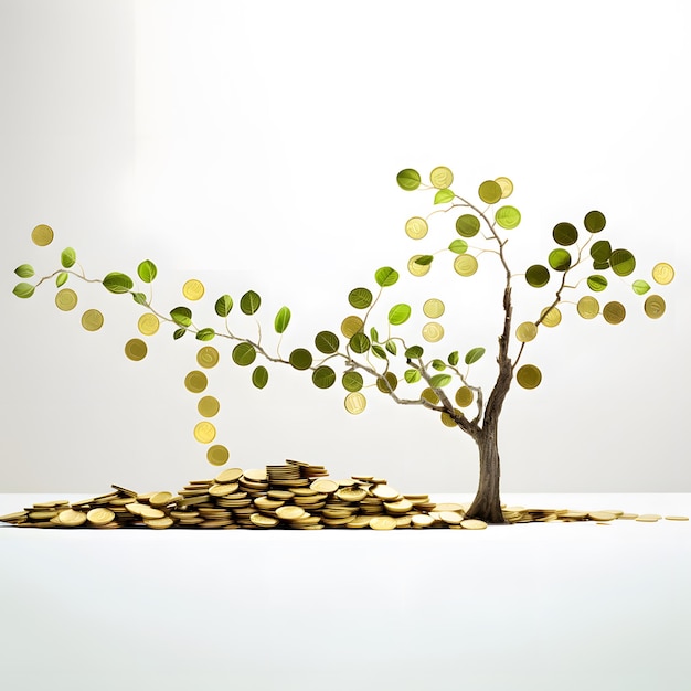 사진 돈의 성장: 동전 어리 위에 자라는 어린 나무 수입의 여러 출처