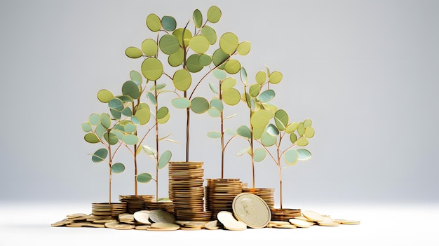 お金の成長 硬貨の積み重ねに成長する若い木 収入の複数の源