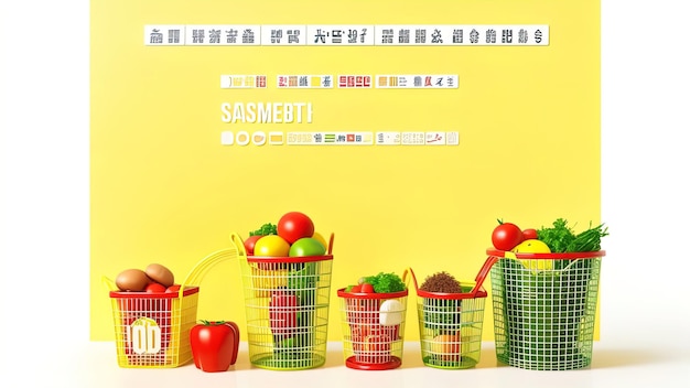 Фото Рост продаж продуктов питания или рост рыночной корзины или концепции индекса потребительских цен корзина для покупок с продуктами питания со стопками монет на желтом фоне