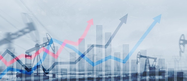 Growth in the oil market Oil rigs oil barrel and up arrow Resource Concept