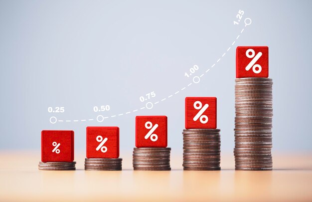 Growth of percentage sign on increasing coins stacking for increase interest financial banking and business investment profit dividend growth concept