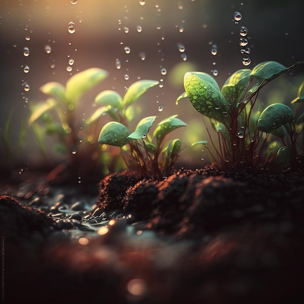 Growth plants concept in the nature morning light on green background Small young plants on a green background the concept of environmental stewardship and World Environment Day