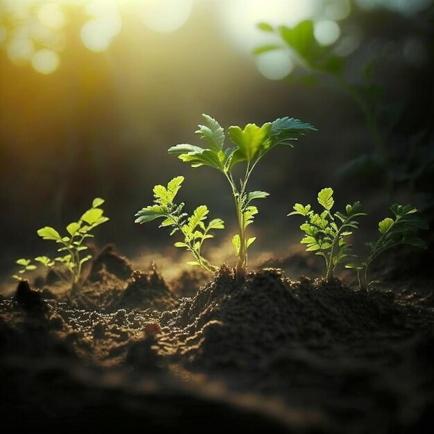 緑の背景に自然の朝の光の中で成長植物の概念