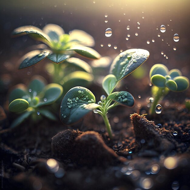 Foto concetto di piante in crescita nella natura luce mattutina su sfondo verde
