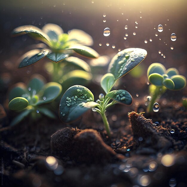 Growth plants concept in the nature morning light on green background