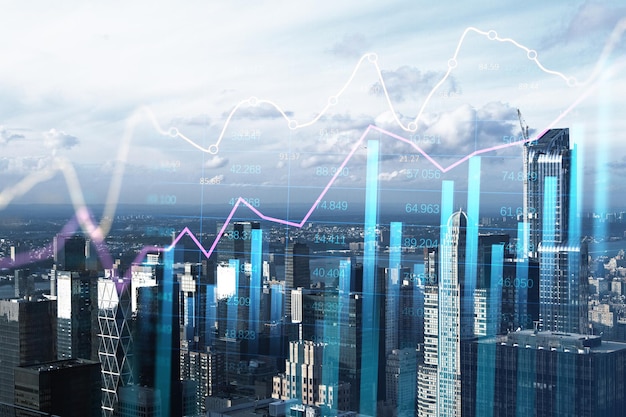 Growth property price and business development concept with digital graphic financial chart graphs and stats data on city skyline background at sunset double exposure