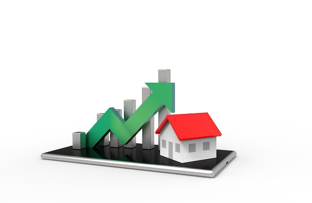 Growth real estate concept Business graph and house on mobile phone 3D Illustration