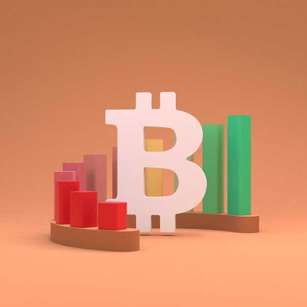 Growth semicircle chart from red to green and bitcoin icon 3d render