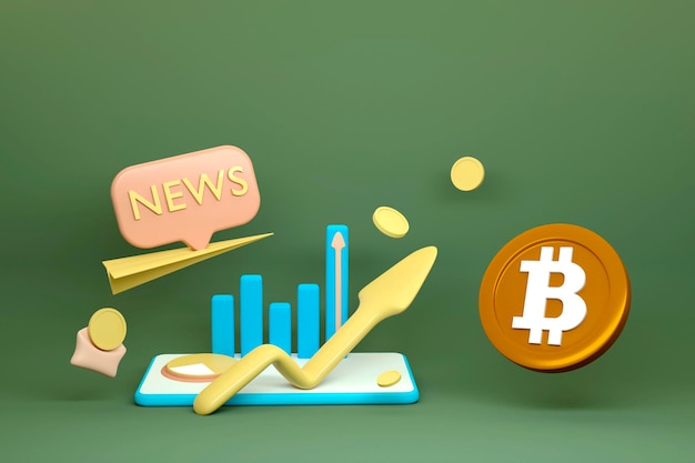 Stock di crescita con notizie finanziarie grafico su statistiche bitcoin telefono freccia monete piano grafico 3d rendering