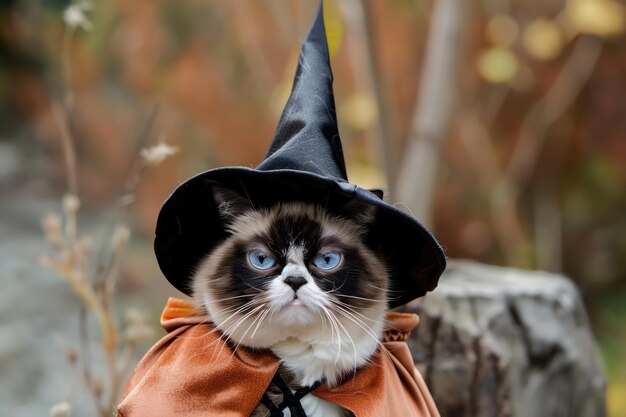 A grumpy cat dressed as a tiny wizard complete with a flowing cape and a miniature pointed hat