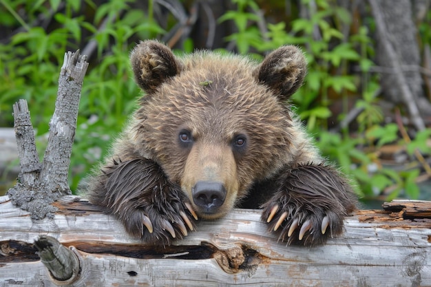 A grumpy grizzly cub with a scowling expression and big fluffy paws