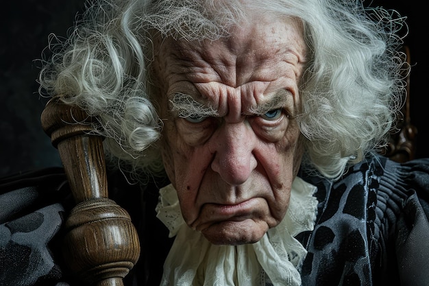 Foto grumpy old judge face closeup evil judge met hamer en pruik wicked lawyer portrait