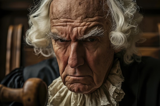 Grumpy Old Judge Face Closeup Evil Judge met hamer en pruik Wicked Lawyer Portrait