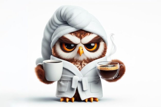 grumpy owl in bathrobe holding cup of coffee on a white background