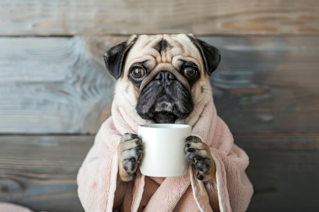 grumpy pug dog in bathrobe holding cup of coffee in his paw